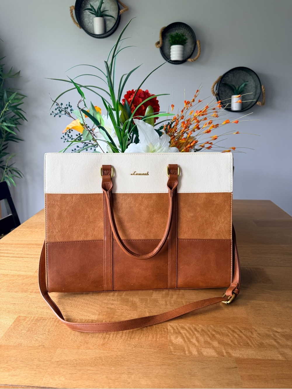 Two-Tone Brown & Cream Tote Bag with Shoulder Strap
